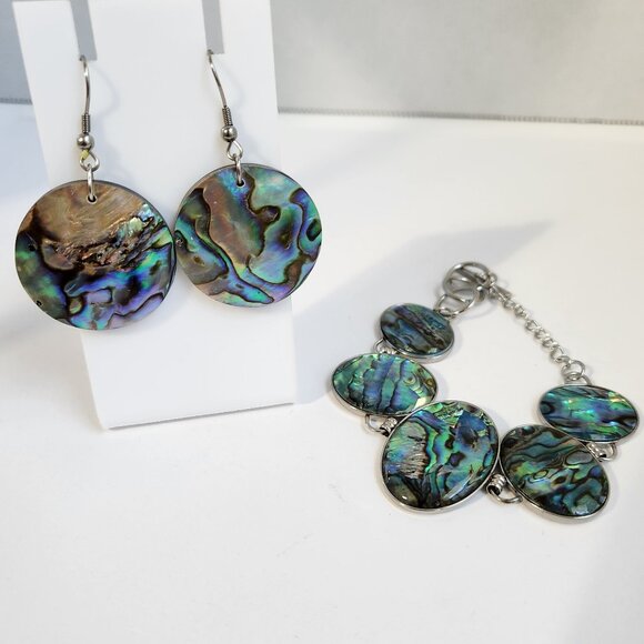 NIB Genuine Abalone Shell Inlay Toggle Bracelet & Earrings Stainless Set - Picture 3 of 16